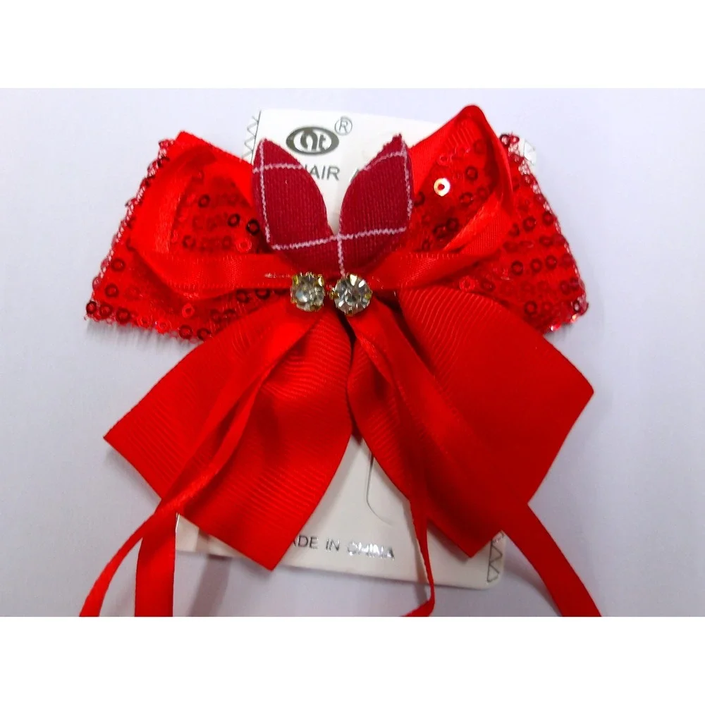 Red Sequin Hair Bow Clip Plaid Heart Rhinestone Festive Holiday Accessory/#26675